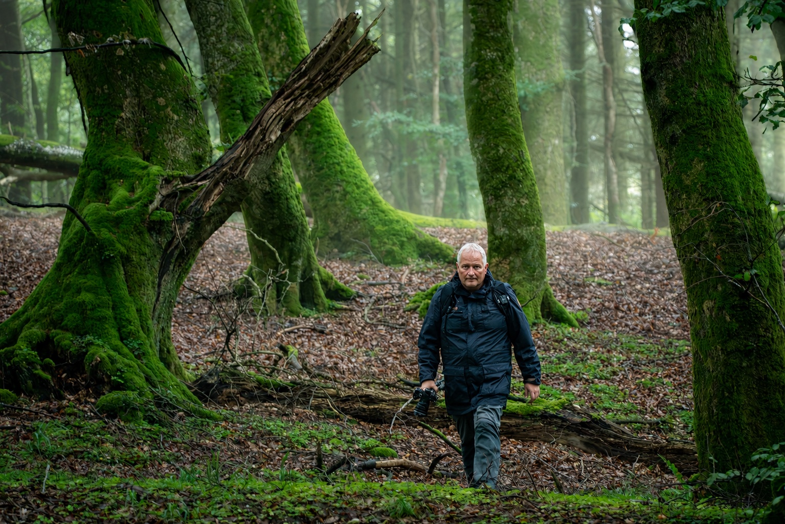 Dennis Meng med kamera i en tåget skov